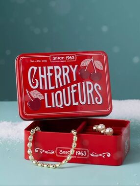 Anthropologie Red Cherry Liqueurs Decorative Tin Jewelry Box